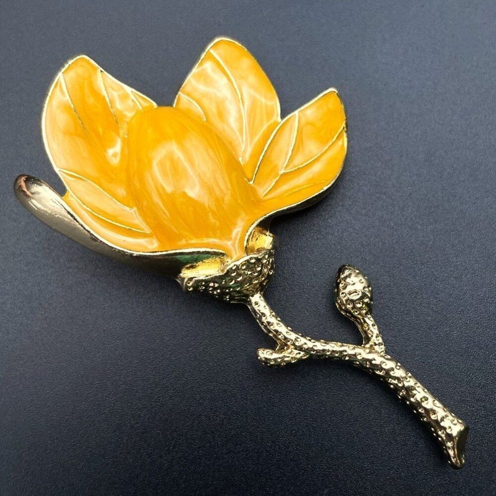 Yellow Gold with Yellow Marble Enamel Magnolia Flower Pin Back Brooch